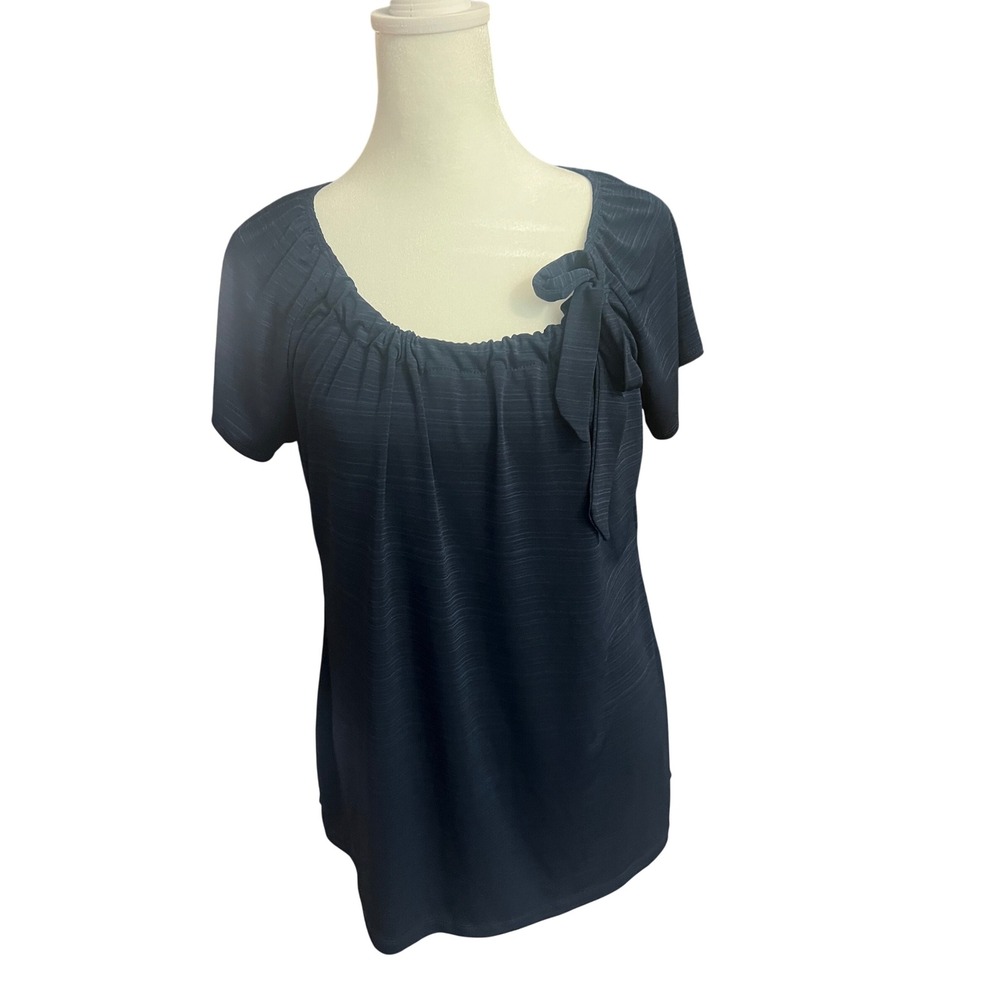 Liz McCoy Womens XL Navy Blue Textured Short Sleeve Bow Accent Blouse 110459M